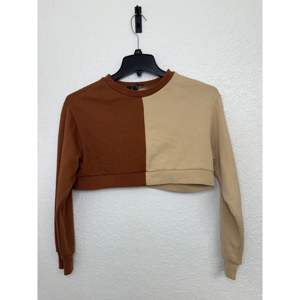 Forever 21 Color Block Crop Top Long Sleeve Sweatshirt Brown Beige Trendy